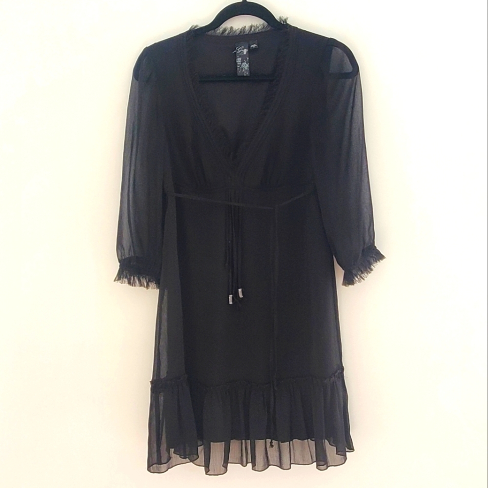 GUESS L.A. Short Babydoll Dress Lined Sheer Long Sleeves Frayed Ruffles V Neck M